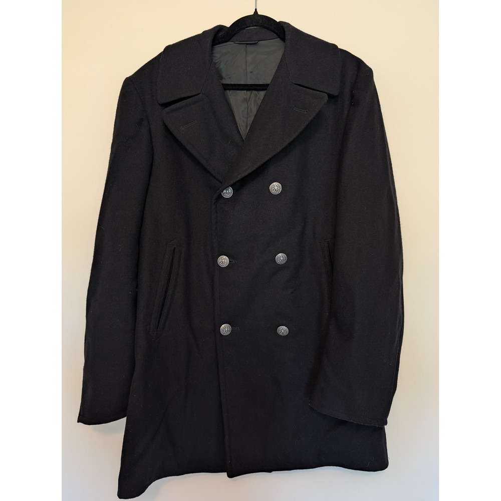 Vintage 1975 US Navy Peacoat 100% Wool Overcoat Black Mens 42XL Tall Military